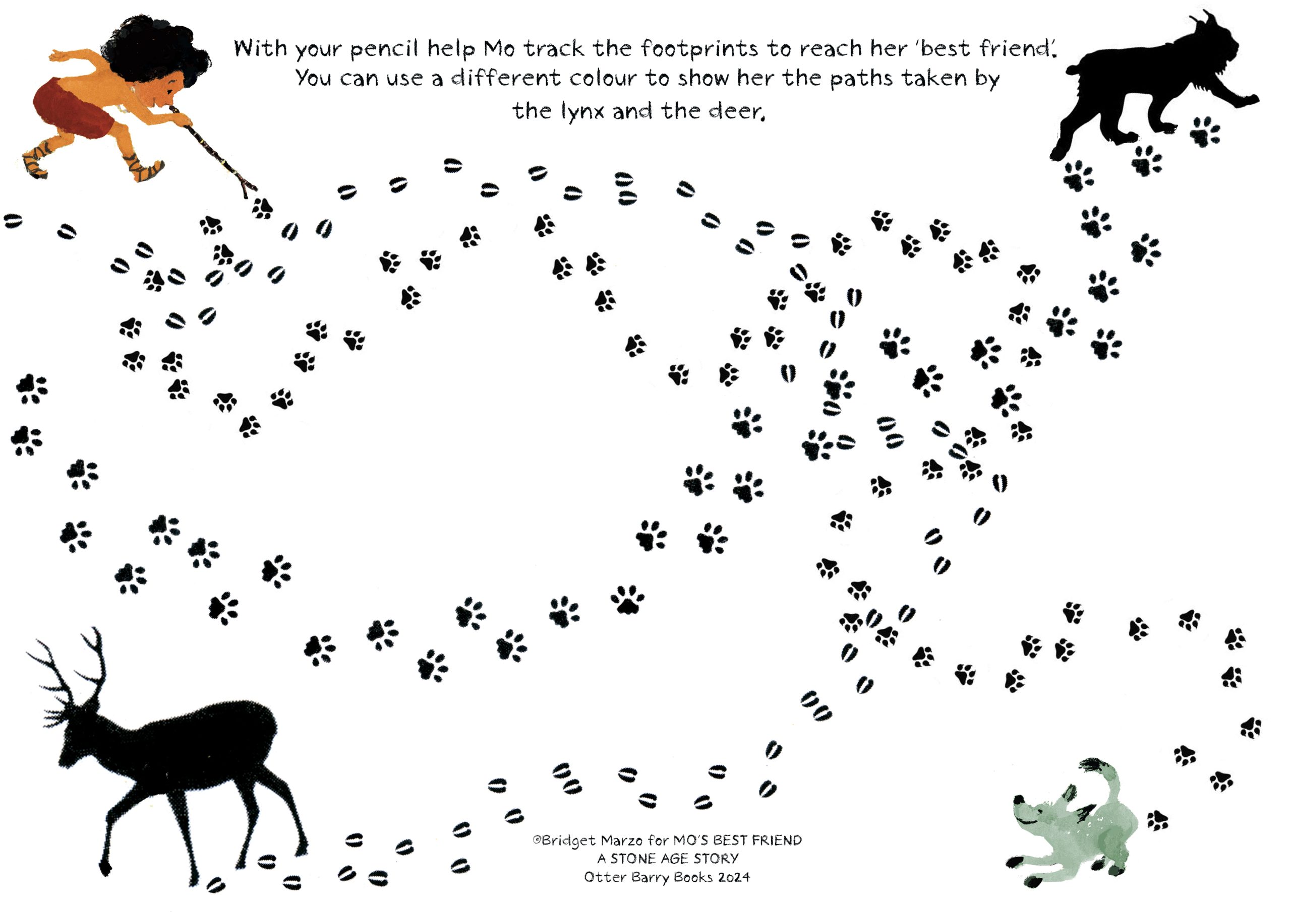 Printable game for children to track Mo's way to her dog, the lynx and a deer